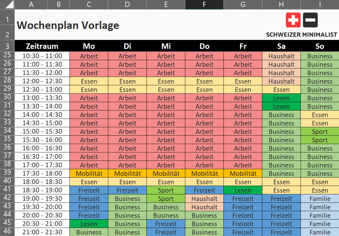 Wochenplan Vorlage - Zeitmanagement verbessern - Schweizer-Minimalist